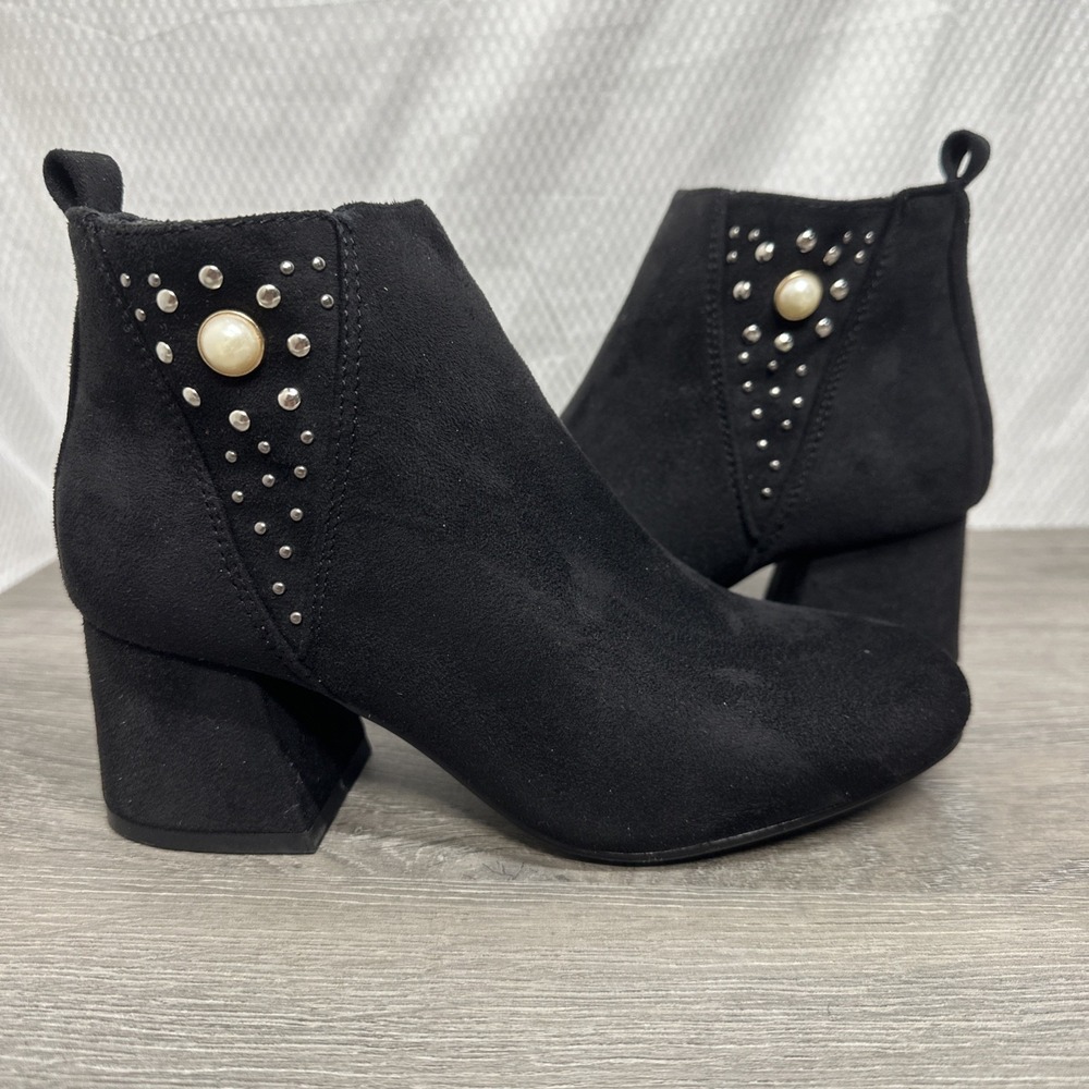 Ankle Boots Women 6 Black Studded Pearl Block Heel faux suede pearl low boots